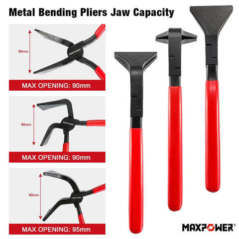Three Piece Sheet Metal Bending Pliers Set With Straight 45 Degree And 90 Degree Jaws For Roofers And Plumbers showing jaw capacity