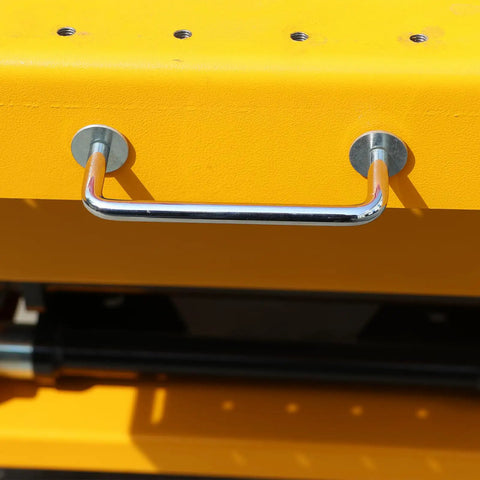 Boss Grade Electric Hydraulic Lift Table With 2600 Lbs Capacity And Dual Locking Casters, Mobile Scissor Cart handle detail.