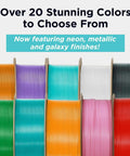 Over 20 stunning colors of 3D printer filament including neon, metallic, and galaxy finishes on spools.