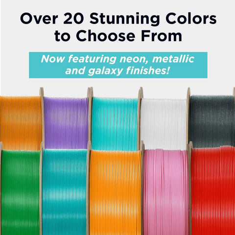 Over 20 stunning colors of 3D printer filament including neon, metallic, and galaxy finishes on spools.