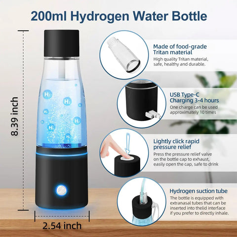 3 In 1 Hydrogen Water Generator Bottle With SPE And PEM Tech For Healthy Hydration, 200ml size, portable, black