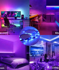 65 Point 6 Foot RGB LED Strip Lights With App And Remote Control Music Sync 5050 RGB LEDs 16 Million Colors Timer DIY Modes Lit Bedroom TV Party Decor shown lighting different rooms including game room, kitchen, bedroom, and living room.