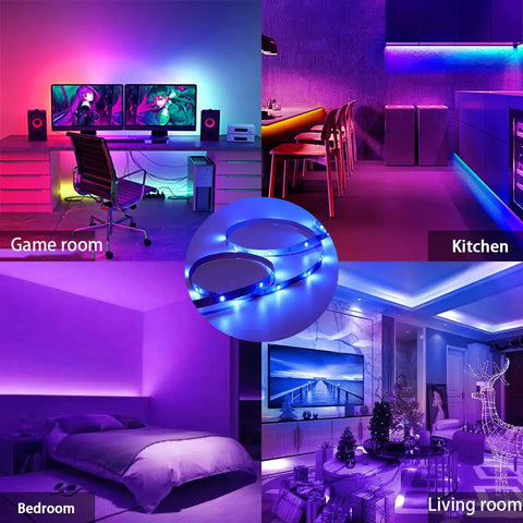65 Point 6 Foot RGB LED Strip Lights With App And Remote Control Music Sync 5050 RGB LEDs 16 Million Colors Timer DIY Modes Lit Bedroom TV Party Decor shown lighting different rooms including game room, kitchen, bedroom, and living room.
