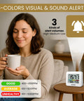 Handy Portable CO2 Monitor And Indoor Air Quality Tracker With Dead On Temperature Humidity Readings near smiling woman holding a cup.