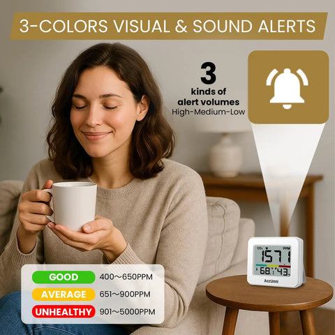 Handy Portable CO2 Monitor And Indoor Air Quality Tracker With Dead On Temperature Humidity Readings near smiling woman holding a cup.