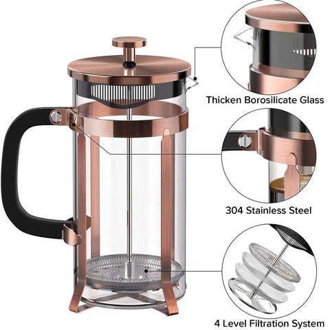 Stainless Steel French Press Coffee Maker With Borosilicate Glass Carafe Copper Finish 21 Ounce Capacity Four Level Filter BPA Free