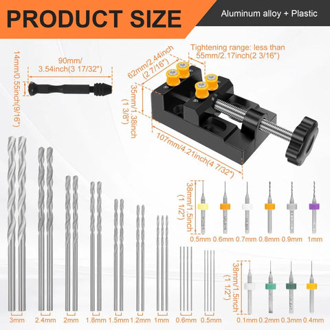 Product size of Mini Drill Press Vise Kit With 0 To 2.17 Inch Clamping Range And Four Jaw Bench Vise, showing drill bits