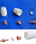 Super Durable 100 Pcs Plasma Cutter Consumable Kit With High Quality Tips Electrodes Nozzles For Pt31 Cut40 Cut50 Machines showing various tips and nozzles.
