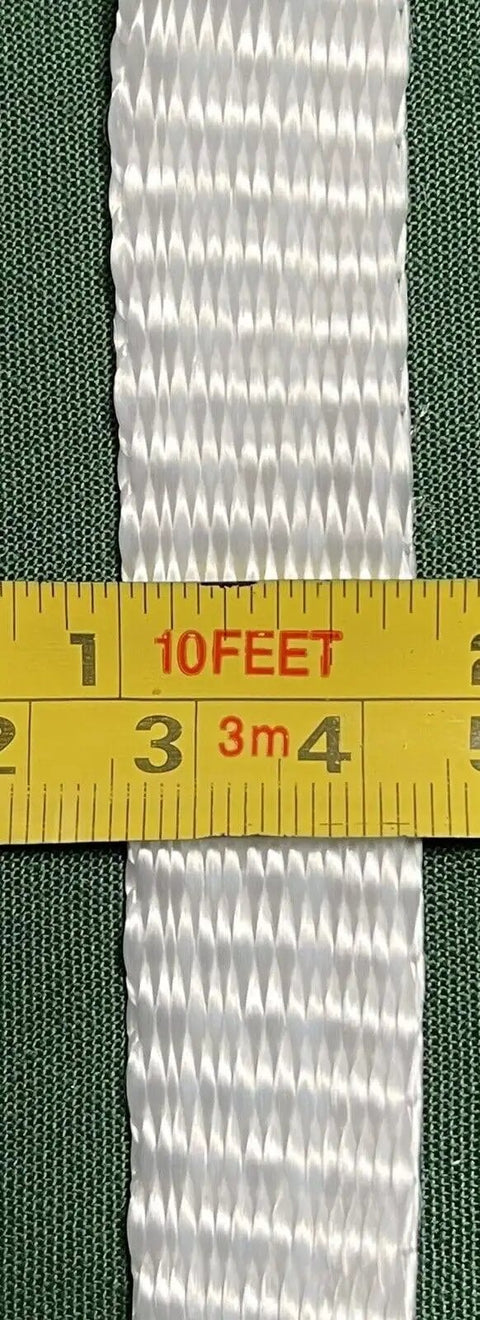 Flat Polyester Pull Tape 3/4 Inch By 100 Feet Packing 2500 Pound Bulletproof Tensile Strength displayed with measurement tape.