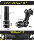 Diagram showing dimensions of 110mm Adjustable Bike Stem Riser for 31.8mm Handlebars, black color, with 0-60 degree adjustment range.