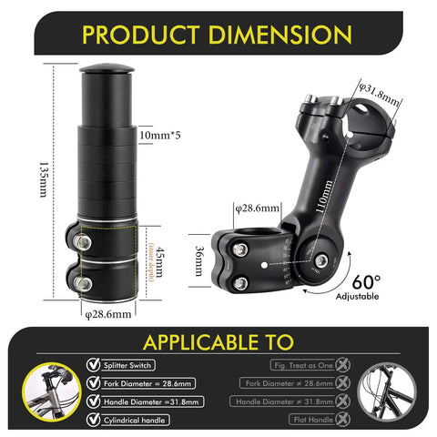 Diagram showing dimensions of 110mm Adjustable Bike Stem Riser for 31.8mm Handlebars, black color, with 0-60 degree adjustment range.
