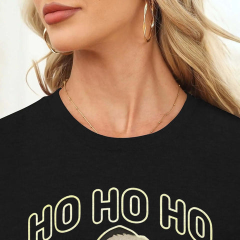 Close-up of Women Santa Graphic Tee With Black Hat And Sunglasses, short sleeve crewneck, showing festive graphic and soft material