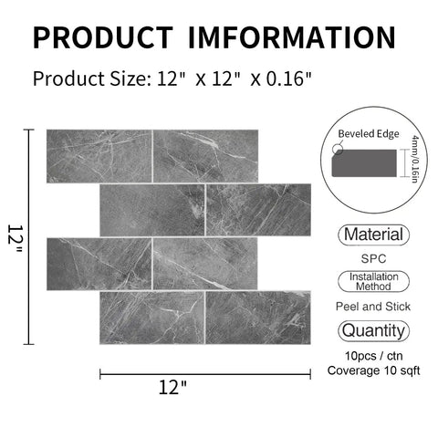 Product information for Dark Gray Peel And Stick Floor Tile Set With Faux Marble Look Subway Tiles for kitchen and RV walls