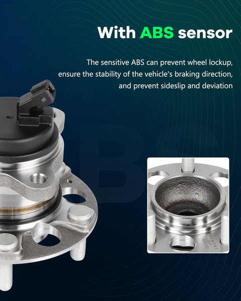 Rear Wheel Bearing Hub Assembly 512635 With ABS 5 Lugs Fits Hyundai Elantra 2017 2020 Hyundai Ioniq 2017 2022 Kia Niro 2017 2021 Drop In Replacement With OE Quality Durable Rear Position, featuring ABS sensor close-up.