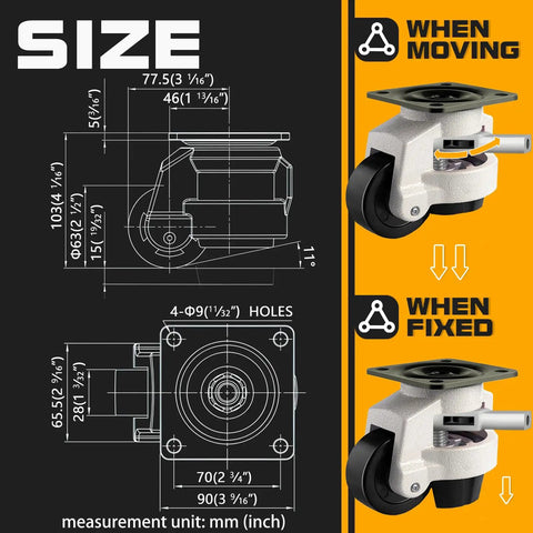 Heavy Duty Adjustable Leveling Casters With Tough Rubber Wheels dimensions diagram showing size and mounting options.