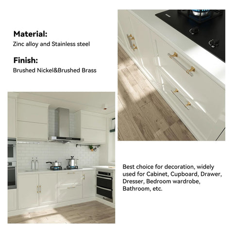 12 Pack Two Tone Cabinet Pulls With 3 Inch Hole Centers Brushed Nickel And Gold Zinc Alloy Square Tube Handles on kitchen cabinets