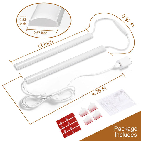 Package contents of Under Cabinet Lighting Kit With Two 12 Inch LED Light Bars, dimmable plug-in with accessories and dimensions.