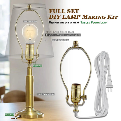 Top Shelf Lamp Making Kit Featuring Extra Long Twelve Foot Cord And Slick Gold Socket Hardware Built For Zero Mess Table Or Floor Lamp Fixes And Hands On Creative Lighting Upgrades with brass parts and lamp shade harp.
