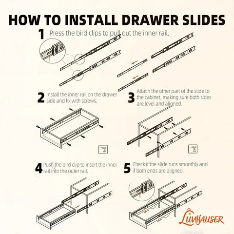 How to install Slick Side Mount Drawer Slides Three Section Full Extension Cabinet Rails with step-by-step instructions.