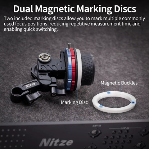 Super Smooth Mini Follow Focus Wheel With 15mm Rod Rack And Clamp, Reversible Drive Gears, 360 Infinity Zoom, A B Hard Stops For Pro Video Rigs That Just Nail Every Take Dead On with dual magnetic marking discs.