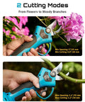 Cordless Pruning Shears For Garden, 1.2 Inch Cutting, Brushless Motor shown cutting flowers and branches, two cutting modes