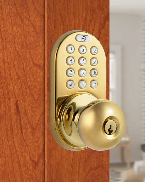 Electronic Touchpad Keyless Door Lock In Polished Brass For Easy Keyless Entry Adjustable Backset 60mm Or 70mm Up To 6 User Codes