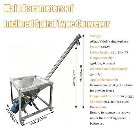 Powerful Inclined Spiral Convey Machine With 150 Liter Massive Hopper For Granular Materials High Capacity Bulk Lifter At 1.8 Meters Height.