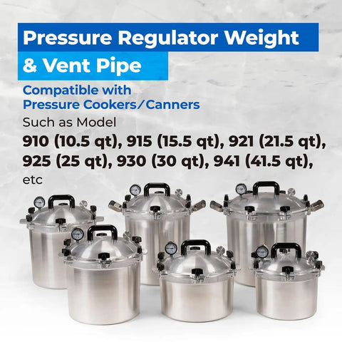 Pressure Regulator Weight And Vent Pipe Replacement Kit For Large Capacity Pressure Cookers And Canners Compatible With 10.5 To 41.5 Quart Models 910 915 921 925 930 941, showing compatible canners.