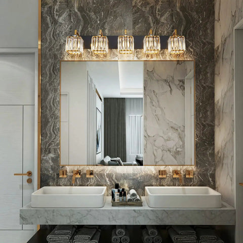 Five Light Black Modern Crystal Vanity Wall Lamp above bathroom mirror in sleek setting with crisp ambience and grey marble walls.