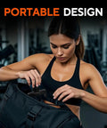 Woman placing Magnetic Gym Phone Holder With 360 Degree Adjustable Base into gym bag inside a fitness studio.
