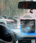 Compact 12V Auto Cooling Fan With Cigar Lighter Plug And Dual Speed Controls on dashboard providing airflow inside vehicle.
