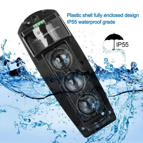 Triple Beam Alarm Infrared LED Detector Security System For Home Protection With Photoelectric Sensor And Beefed Up Power Long Range Alert Precision Optical Focusing Lens For Fast Reliable Home Security, black IP55 plastic shell