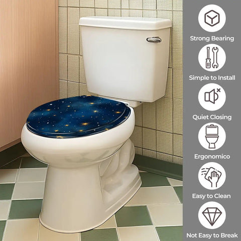 Round Resin Toilet Seat for Bathroom with starry design on a white toilet in a modern bathroom setting.