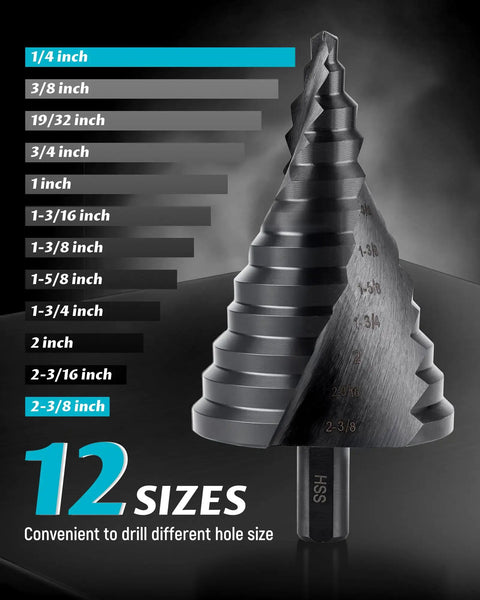 Jumbo Two And Three Eighths Inches Step Drill Bit Set for Metal By Lichamp Unibit With Spiral Grooved Design, 12 sizes shown