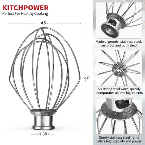 Wire Whip Attachment For Tilt Head Stand Mixers, stainless steel whisk, measurements, compatible with KitchenAid for baking
