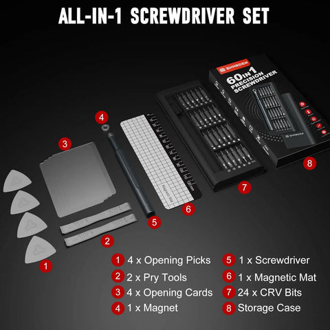 60 In 1 Magnetic Precision Screwdriver Set with case, bits, pry tools, and opening picks for electronics repair.