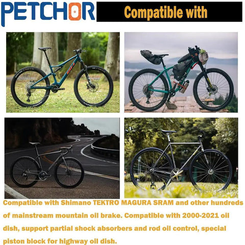 Four mountain bikes compatible with Hydraulic Disc Brake Bleed Kit for Mountain Bikes with 13 Quick Connect Joints and Funnels All In One Brake Fluid Change Tool Works With Shimano Tektro Magura SRAM MTB Systems Easy Bleed Ride Ready Maintenance Kit displayed outdoors on different terrains