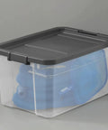 2 Pack 76 Quart Clear Stackable Storage Bins With No Fuss Latch Lids And Dark Gray Covers holding blue hoses, ideal for home organization.