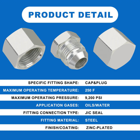 JIC Cap And Plug Set For 37 Degree Flare Hydraulic Hose Fittings Carbon Steel 72 Pieces Sizes 4 6 8 10 12 16 product details