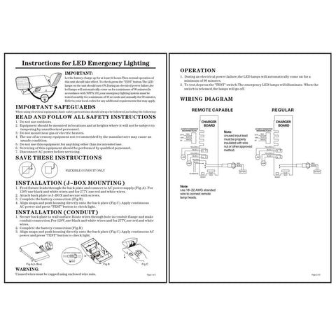 Instruction manual for Emergency Light With Back Up Battery And Two Adjustable LED Heads, Wall Mount, White Finish, UL Certified image.