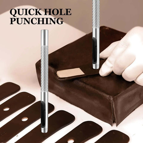 6 Piece Hollow Leather Hole Punch Set With 1.5mm To 4mm Sizes in use, pro grade carbon steel tool punching holes in leather