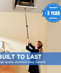 No-Fuss Attic Ladder Pull Down System Kit With Telescoping Extension Rod Door Hook D Ring And Mounting Screws Replacement For Attic Pull Down Cord 20 To 40 Inch Adjustable Space Saving Heavy Duty Aluminum Pole, woman using aluminum pole to open attic ladder