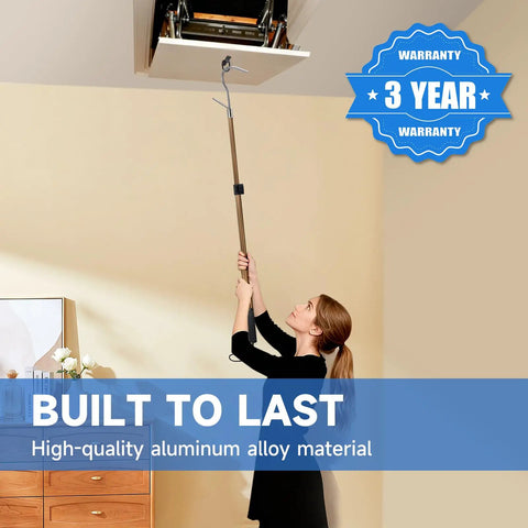 No-Fuss Attic Ladder Pull Down System Kit With Telescoping Extension Rod Door Hook D Ring And Mounting Screws Replacement For Attic Pull Down Cord 20 To 40 Inch Adjustable Space Saving Heavy Duty Aluminum Pole, woman using aluminum pole to open attic ladder