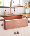 6 Pack Antique Copper Cabinet Knobs With Backplates installed on white kitchen cabinets with copper sink and faucet