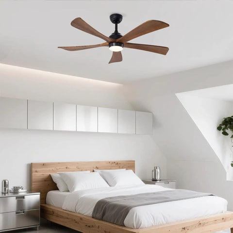 Geelife 52" 5PCS Solid Wood Blades Ceiling Fan with Lights Remote Control in modern bedroom with wood bed and white decor.