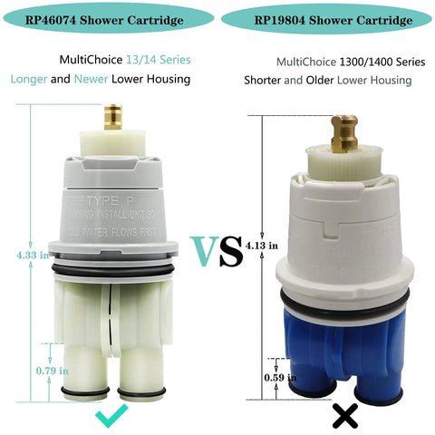 Comparison of shower valve cartridges: RP46074 for 13/14 series and RP19804 for 1300/1400 series, highlighting size differences.