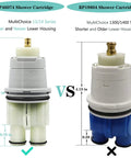 Comparison of RP46074 and RP19804 Shower Valve Cartridges for 13/14 Single Handle Repair Kit, showing size and housing differences.