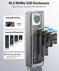 Kickass 40Gbps M.2 NVMe SSD Enclosure featuring active cooling fan with compatible SSD sizes shown.