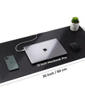 Pebble Black Leather Desk Mat With Cable Organizer 35 By 17 Inches, Premium Vegan PU Desk Pad And Mouse Mat with electronics.