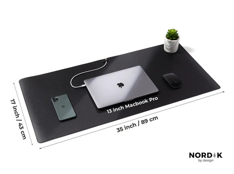 Pebble Black Leather Desk Mat With Cable Organizer 35 By 17 Inches, Premium Vegan PU Desk Pad And Mouse Mat with electronics.